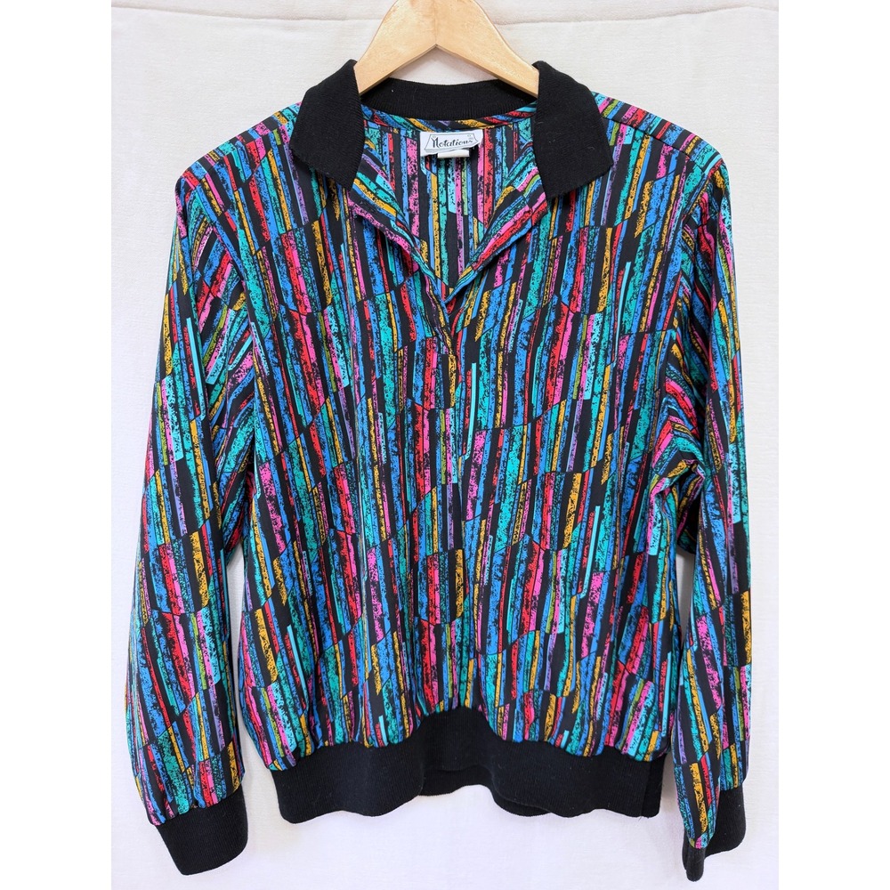 Notations Vintage 80s Geometric Abstract Blouse Women Size 14 Multi Retro Indie